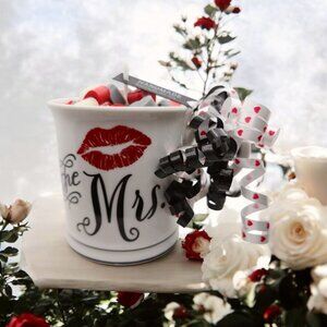 “Mrs.” Ceramic Mug Candle ✦ Soy Wax Heart Melts ✦ Red White Gray Handmade NWT